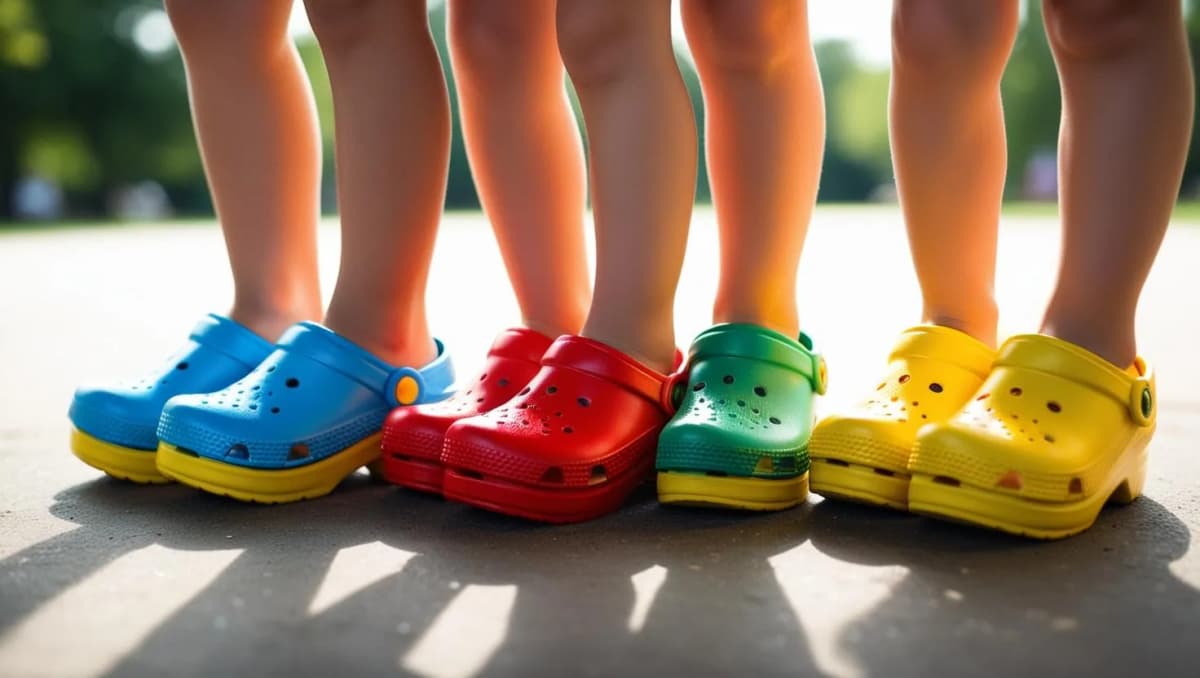 Kids wearing colorful clogs outdoors 1