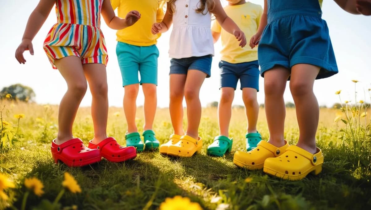 Kids wearing colorful clogs outdoors 3