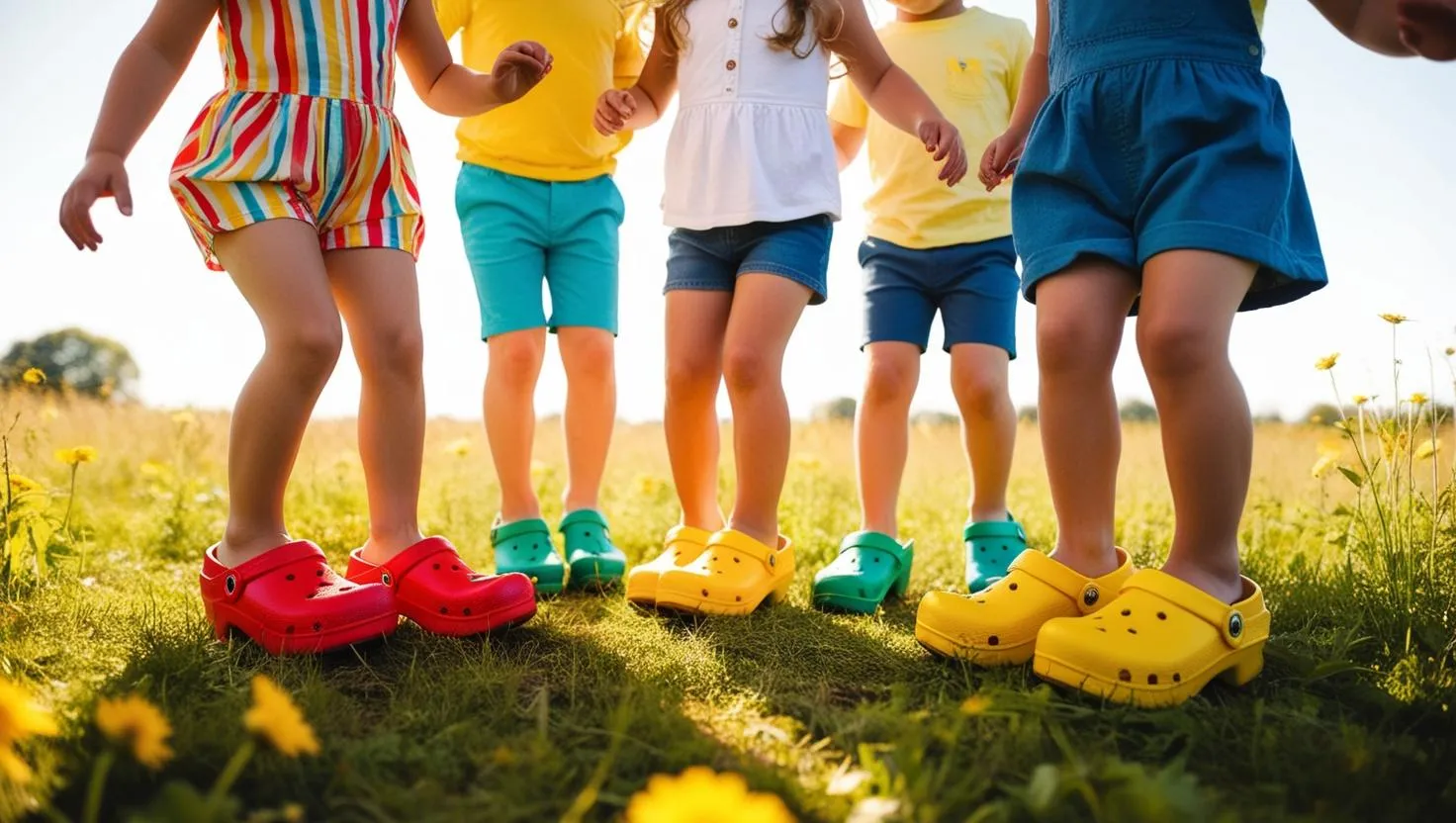 Kids wearing colorful clogs outdoors 3